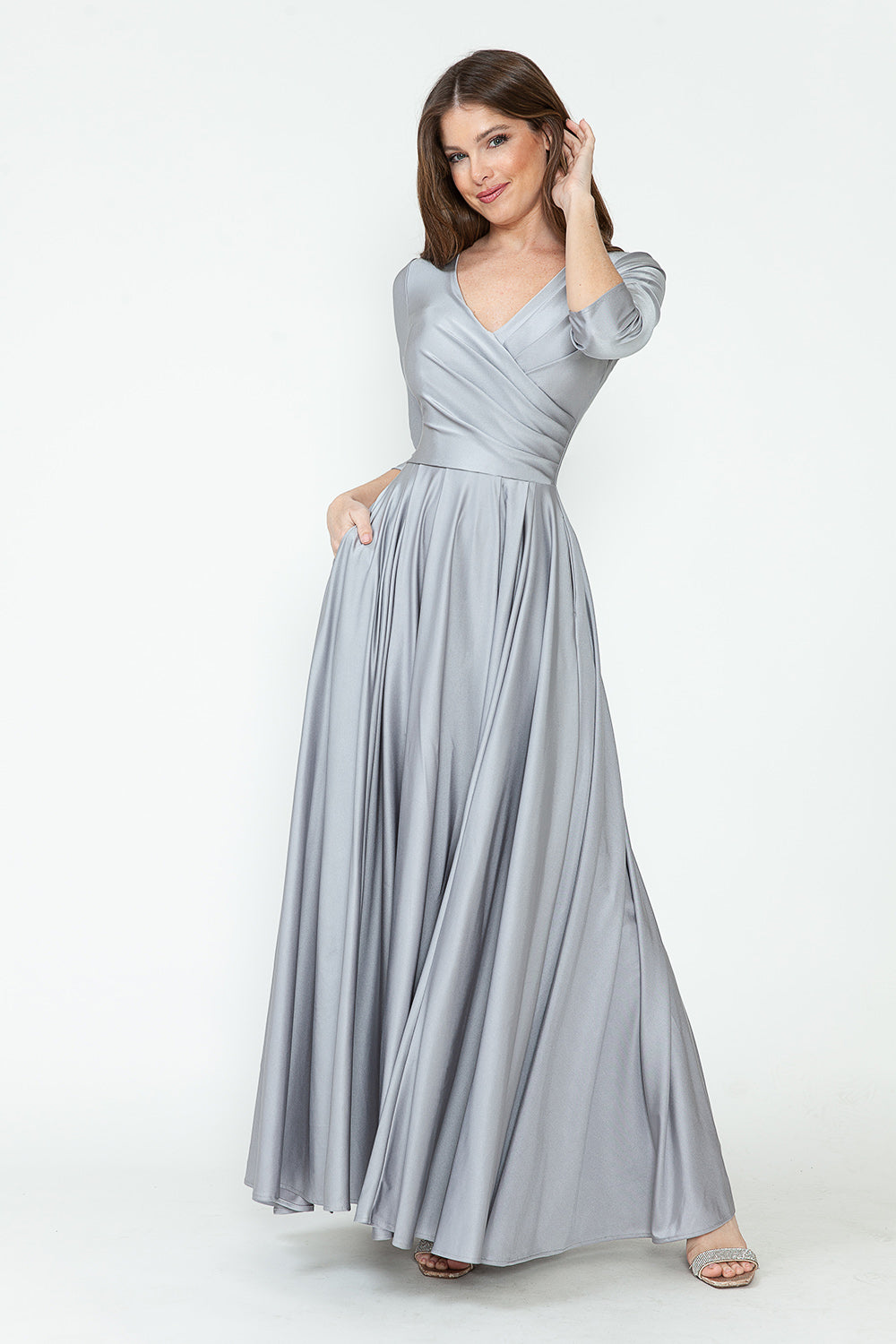 Lenovia 5243-F 3/4 Sleeve Wrap Top Pleated Flare Pocketed Dress | SNKDRESS SNK Dress Lenovia 5243-F 3/4 Sleeve Wrap Top Pleated Flare Pocketed Dress | SNKDRESS SNK Dress