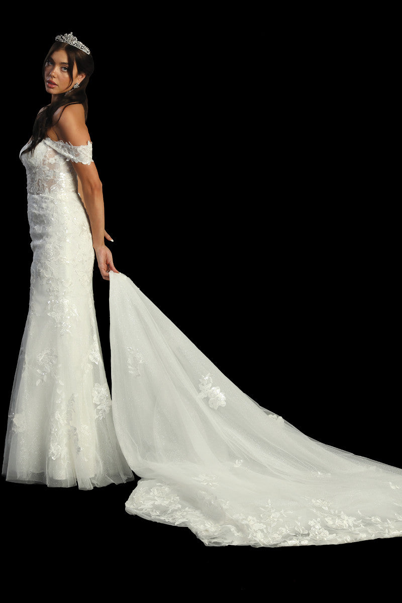 Cindy Collection Style 733 off-shoulder satin lace gown
