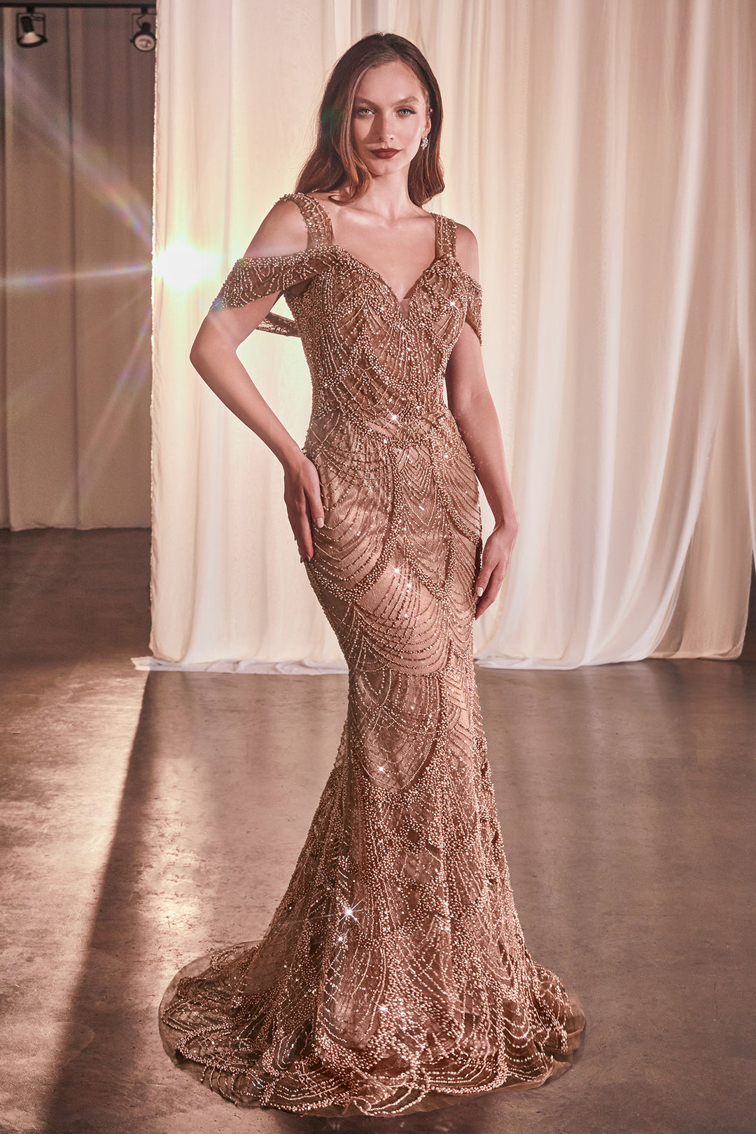 off-shoulder fitted evening gown with V-neckline, beaded bodice, and layered tulle fit and flare skirt by Cinderella Divine CC4020 – www.snkdress.com