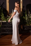 Ladivine 7492W off white off-shoulder satin corset gown with thigh-high slit and sweep train