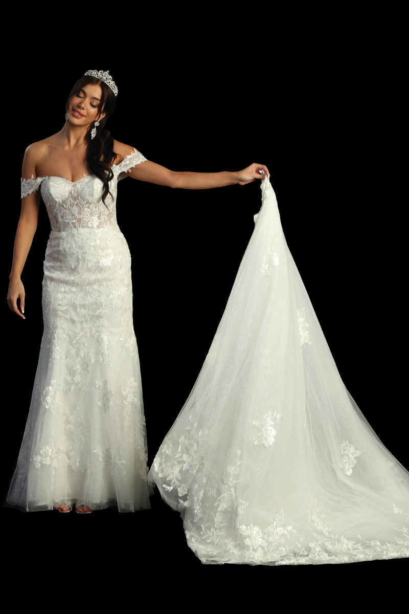 Cindy Collection Style 733 off-shoulder satin lace gown