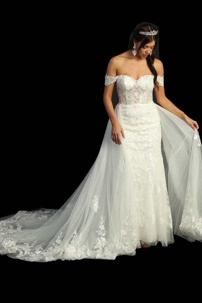 Cindy Collection Style 733 off-shoulder satin lace gown