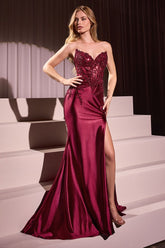 Strapless Satin Lace Fitted Evening Gown by Ladivine KV1112