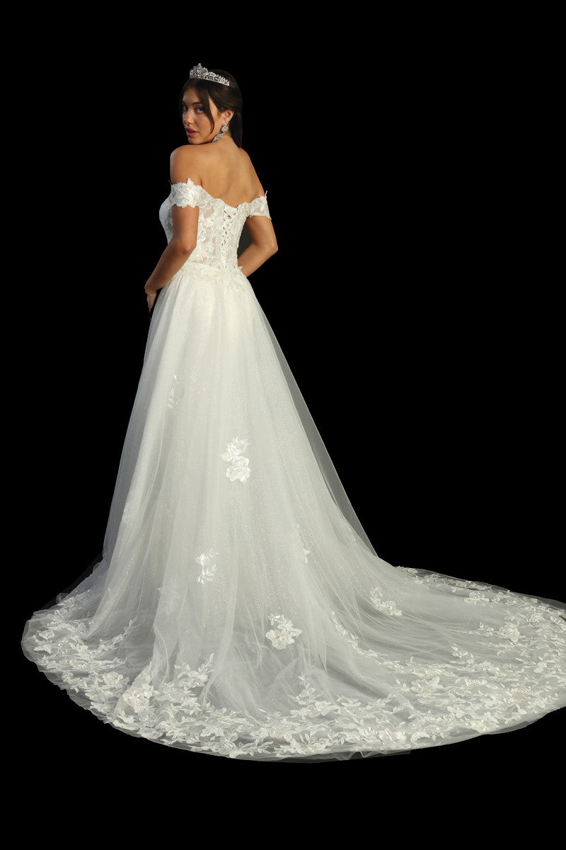 Cindy Collection Style 733 off-shoulder satin lace gown