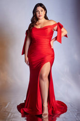 Ladivine CD943C plus size off-shoulder ruched jersey gown with leg slit, Black Red Royal Blue Burgundy Desert Rose Dusty Blue Emerald Green Eggplant Blue Cyan Dusty Rose Navy Blue Dark Sage Green Magenta Nude Gold Sienna Rose Smoky Blue Lake Blue, www.snkdress.com