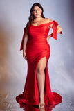Ladivine CD943C plus size off-shoulder ruched jersey gown with leg slit, Black Red Royal Blue Burgundy Desert Rose Dusty Blue Emerald Green Eggplant Blue Cyan Dusty Rose Navy Blue Dark Sage Green Magenta Nude Gold Sienna Rose Smoky Blue Lake Blue, www.snkdress.com