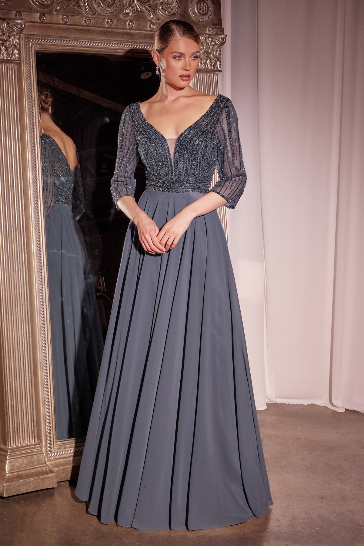 Ladivine CC446 three-quarter sleeve beaded chiffon A-line gown - www.snkdress.com