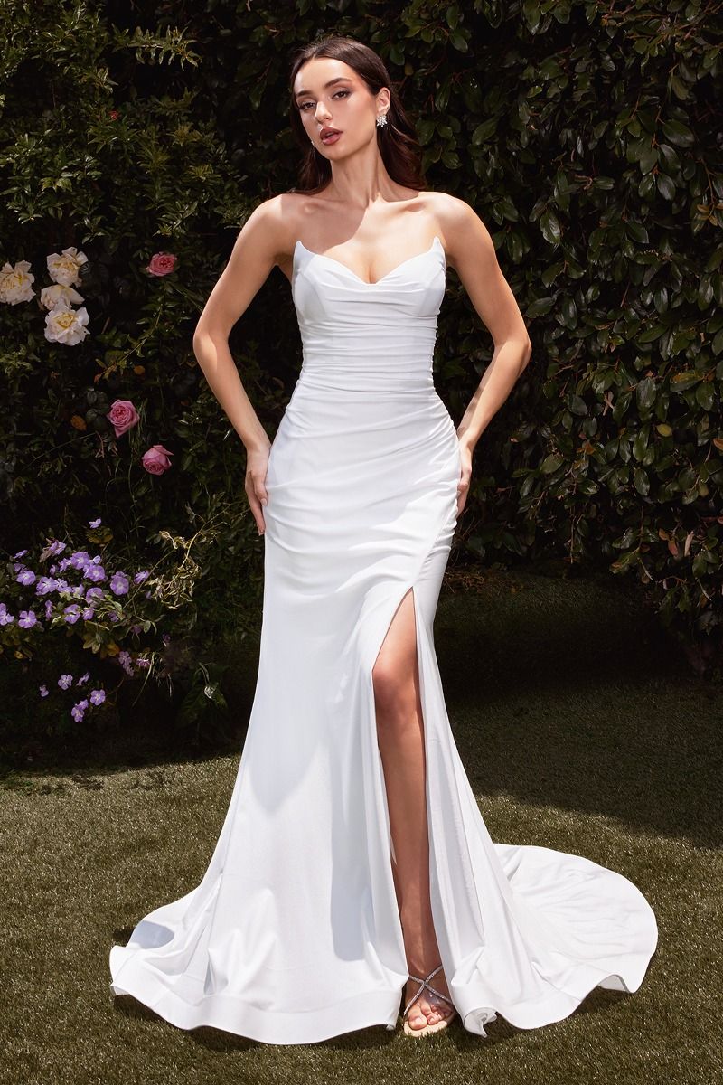 off white strapless sweetheart mermaid gown with fitted silhouette