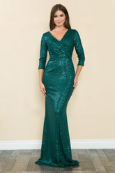 Lenovia 8186 sequin v-neck wrap ruched mother of the bride gown with 3/4 sleeves · www.snkdress.com