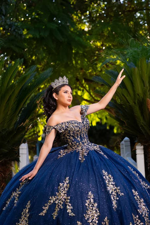 Off The Shoulder Navy Gold Quinceanera Dress by Morenos Wear CHF3134 Navy/gold | www.snkdress.com