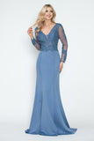 Crystal Bead Embroidery V-Neck Sheer Sleeve Formal Dress by Lenovia 8323-B