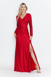 Lenovia 5323 long sleeve glitter ruched mother of the bride gown with side slit · www.snkdress.com