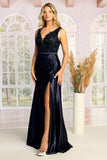 Satin Lace V-Neck Evening Gown by Cindy Collection 50459