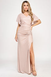 Lenovia 5329 drape sleeve ruched foil long mother of the bride gown with empire waist · www.snkdress.com