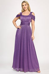 Lenovia 5327 off-shoulder ruched foil mother of the bride gown with side pockets · www.snkdress.com