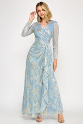 Lenovia 5333 floral foil long sleeve wrap mother of the bride gown with flared skirt · www.snkdress.com