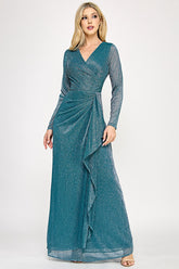 Lenovia 5324 v-neck long sleeve wrap ruffle mother of the bride gown with cascading skirt · www.snkdress.com
