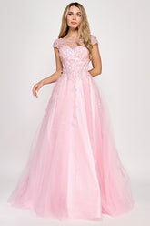 Cap Sleeve Layered Mesh Long Dress by SNK DRESS 834917