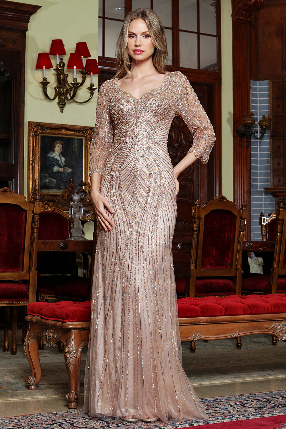 Beaded Sleeve Open V-Back Mother of the Bride Dress by Adora 3418-03