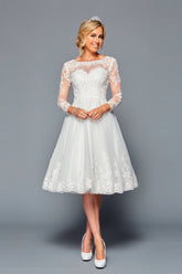 Long-Sleeve Illusion Boat Short A-Line Dress by Bridal 45187