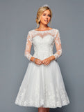 Long-Sleeve Illusion Boat Short A-Line Dress by Bridal 45187