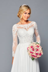 Long-Sleeve Illusion Boat A-Line Dress by Bridal 45361