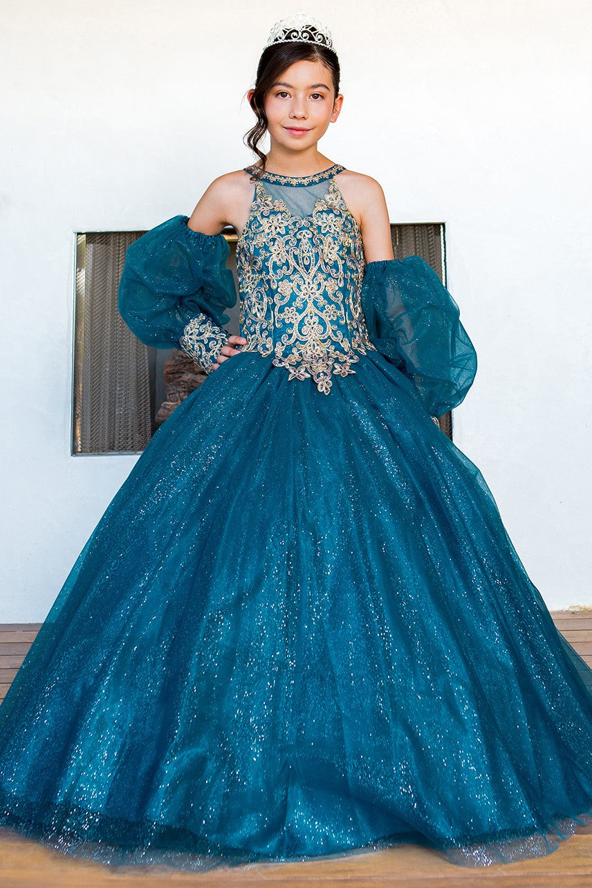 Halter Neck Floor Length Glitter Tulle Quinceanera Ball Gown with Detachable Puff Sleeves Cinderella Couture 5114 Halter Neck Floor Length Glitter Tulle Quinceanera Ball Gown with Detachable Puff Sleeves Cinderella Couture 5114