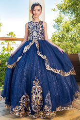 Mini Quince satin glittered tulle dress with golden lace | www.snkdress.com