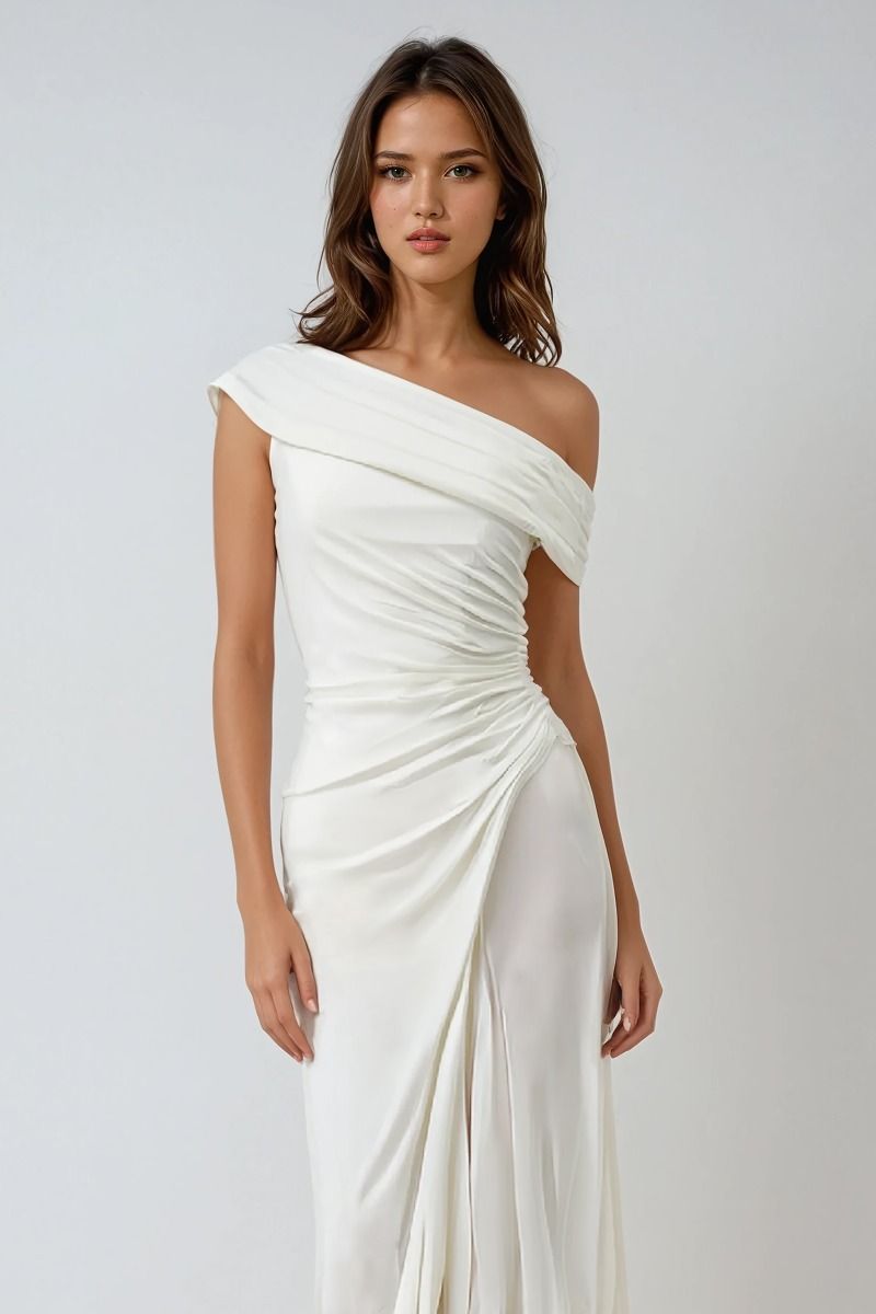 Model wearing Ladivine T805 white one shoulder ruched gown with draped skirt
