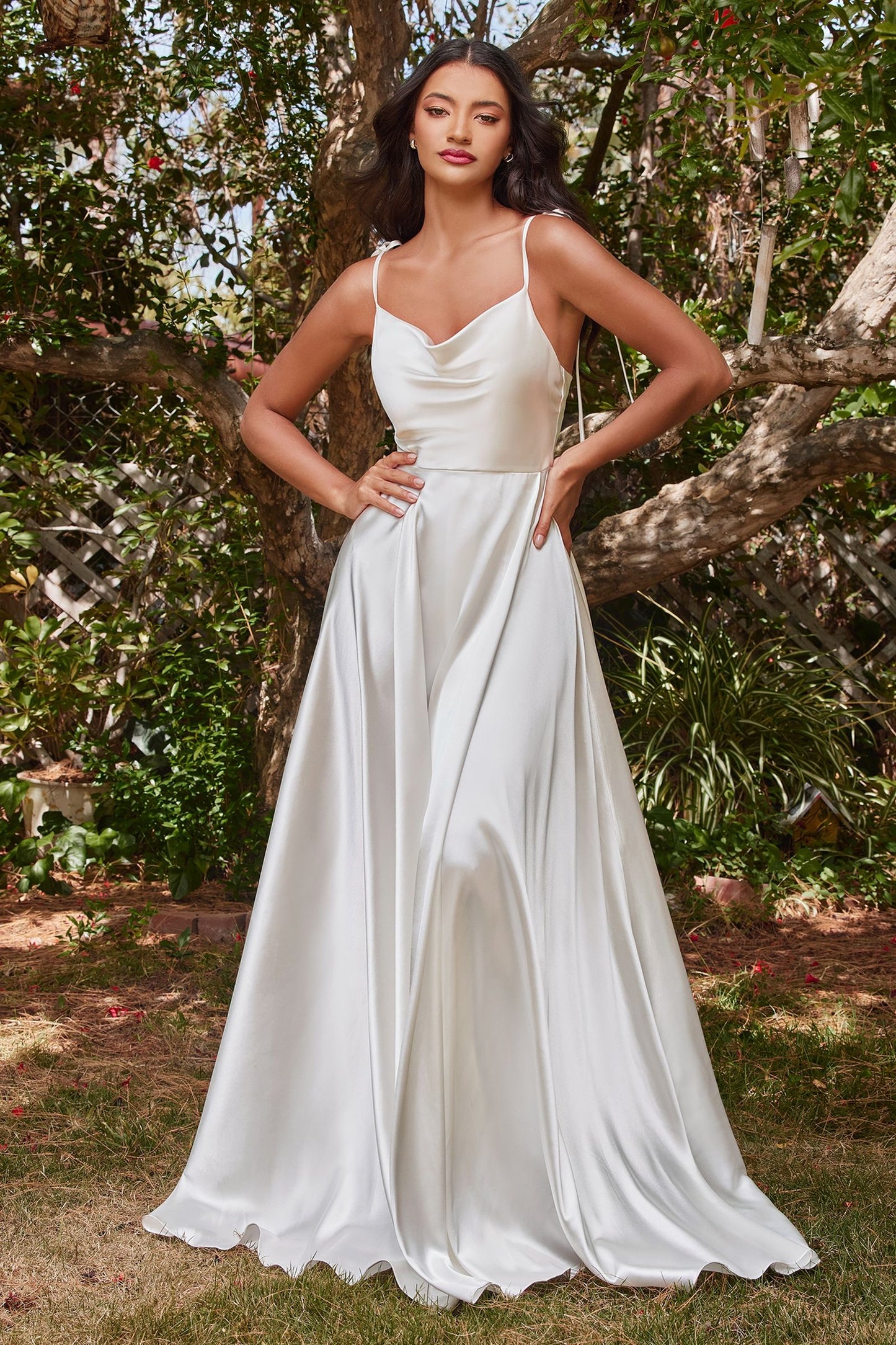 Ladivine BD104W off white satin A-line gown with cowl neckline