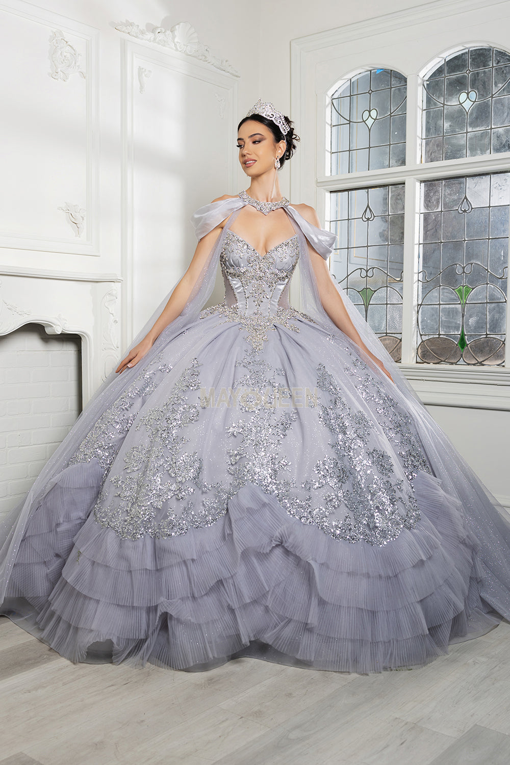 May Queen LK284 tea-length embroidered ruffle gown