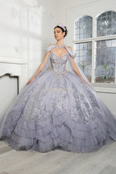 May Queen LK284 tea-length embroidered ruffle gown