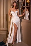 Strapless pointed V-neck bridal gown with gathered waistline, leg slit, and draped sash in Off White by Ladivine CH351W