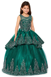 Girl wearing a green formal dress with intricate silver embroidery on a white background .Mini Quince 3-piece metallic embroidered stone dress with bolero | www.snkdress.com