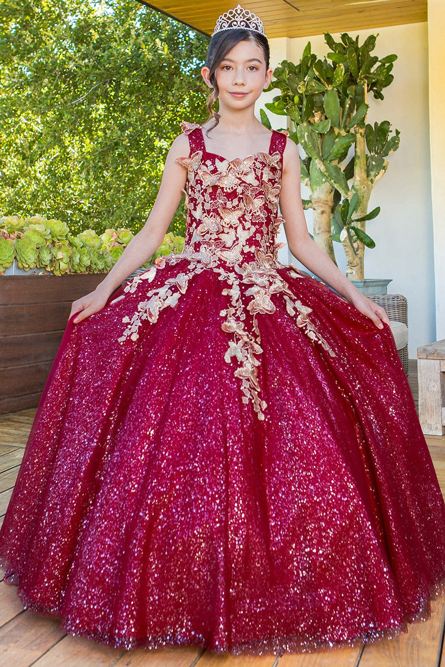 Mini Quince glitter tulle ball gown with metallic 3D butterflies | www.snkdress.com