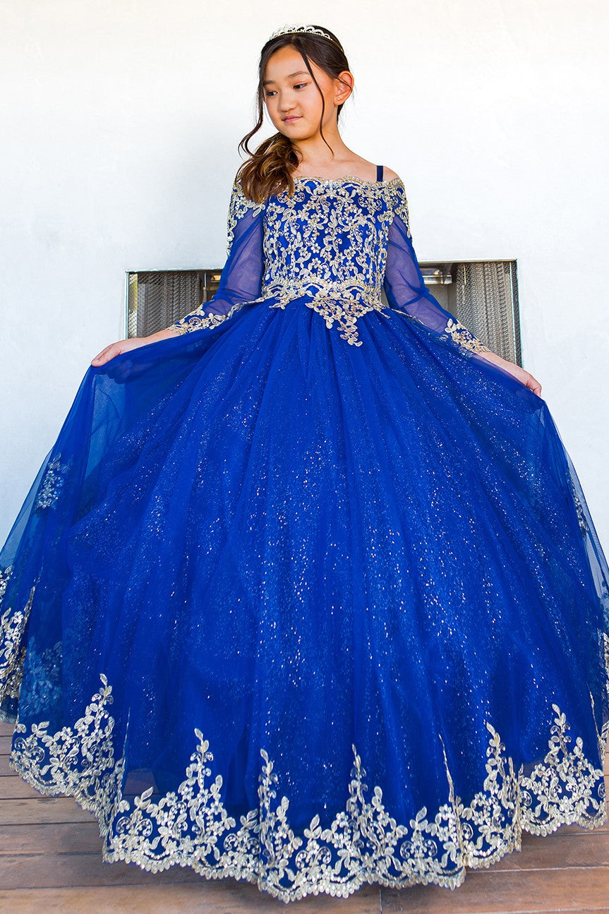 Mini Quince off-shoulder glitter tulle ball gown 3D floral | www.snkdress.com