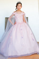 Young girl in a pink floral dress with a tiara indoors.Cinderella Couture 8075X 3D Floral Off-Shoulder Glitter Ball Gown