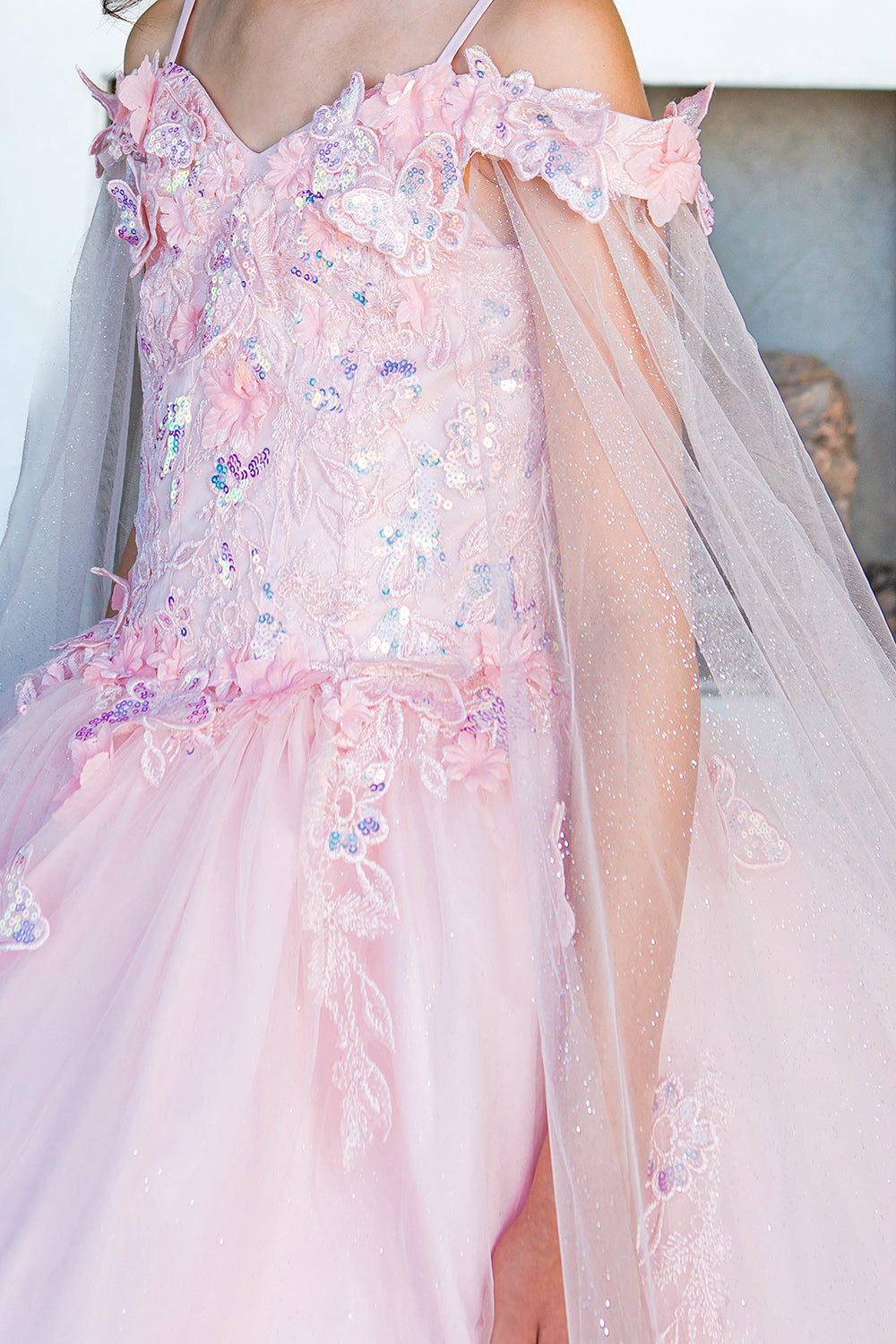 Mini Quince 3D Floral Off-Shoulder Glitter Dress by Bliss 8075