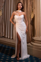 Strapless scoop neck chiffon bridal gown with flowing scarf and lace-up corset back in Off White by Ladivine CD383W