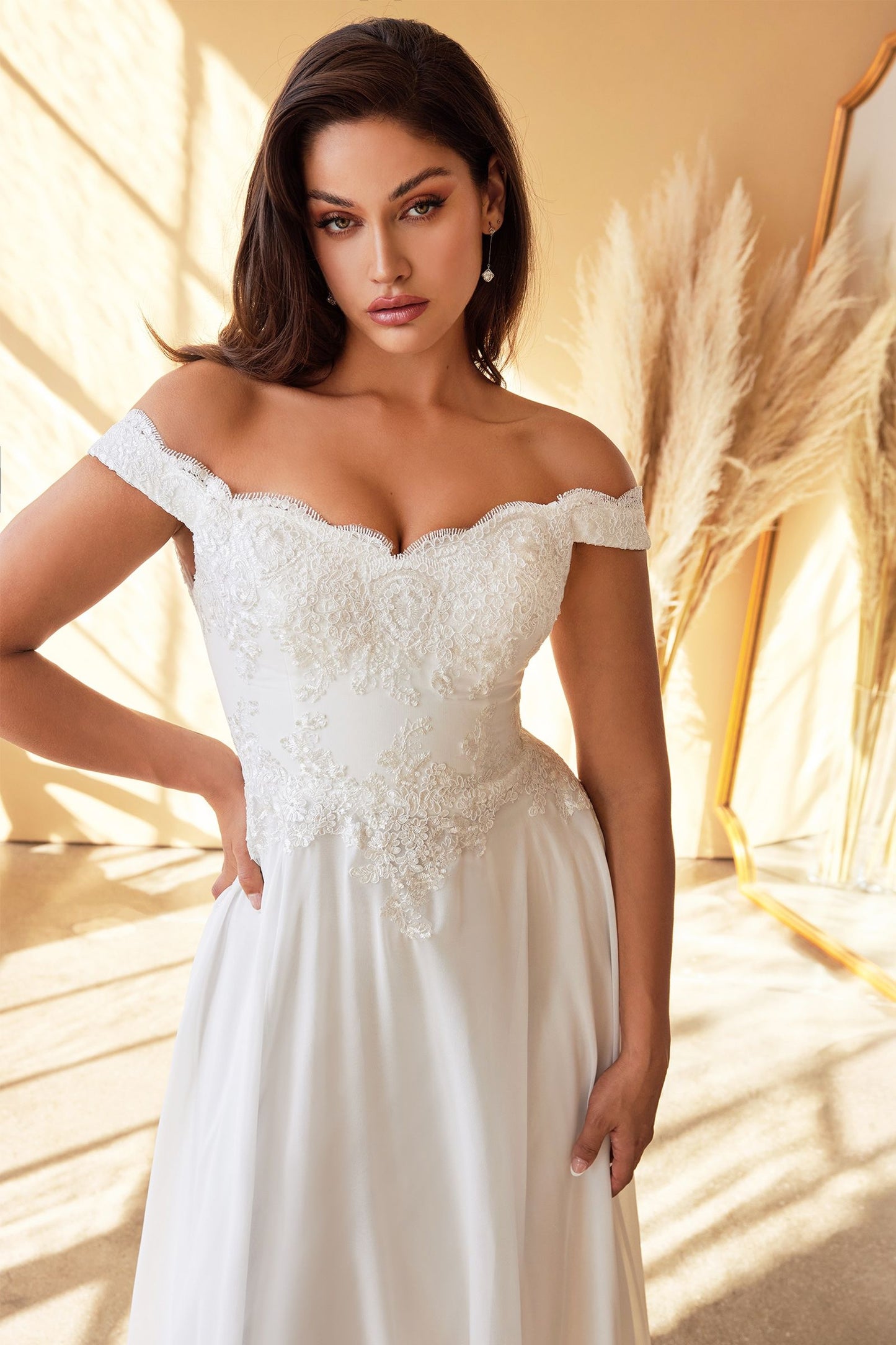Off Shoulder Satin Ball Gown in Off White by Ladivine 7258W