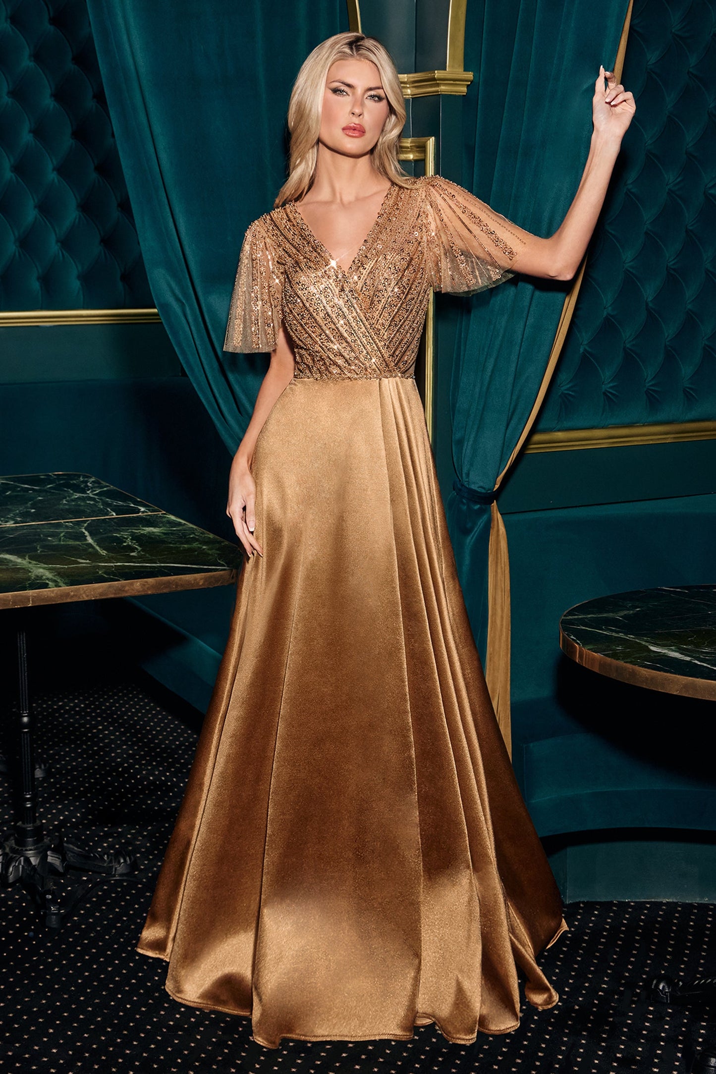 Beaded Satin A-Line Gown by Ladivine CC447
