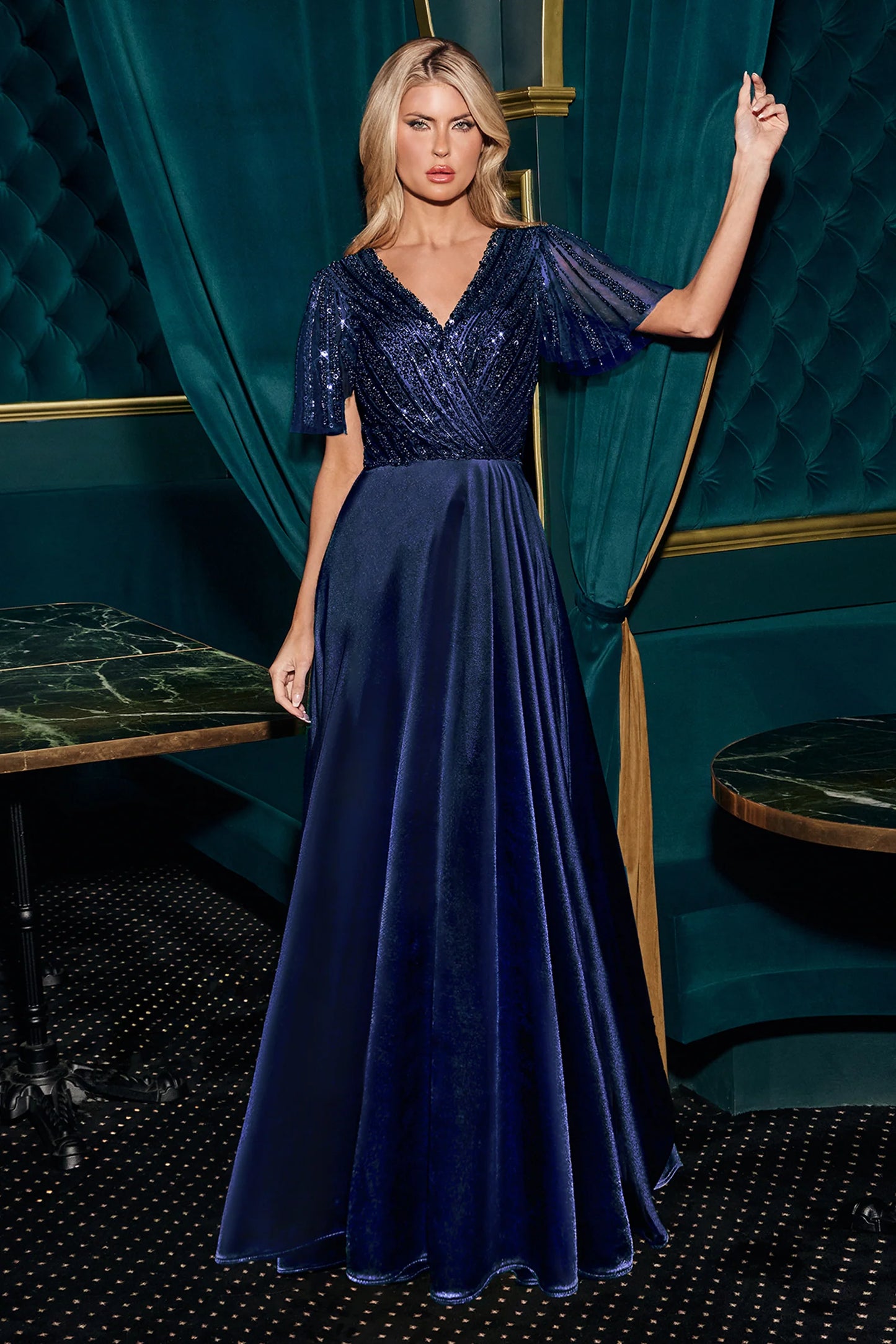 Beaded Satin A-Line Gown by Ladivine CC447