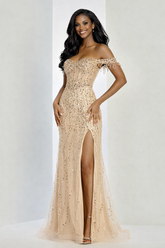 Sequin Off-Shoulder Slit Evening Gown by Adora Design 323898