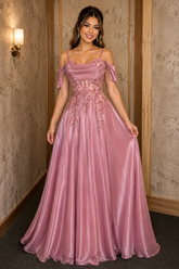 Dusty Blue Off Shoulder A-Line Formal Dress with Lace Applique and Beaded Corset Bodice, Floor Length Evening Gown Style 50538