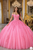 Floral appliqué off-shoulder quinceanera ball gown dress in Bahama Blue and Hot Pink by Cinderella Couture style H1352 | www.snkdress.com