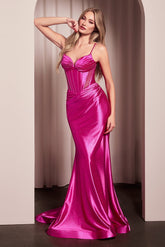 Ladivine CC2397 glitter dusted fitted stretch satin gown - www.snkdress.com