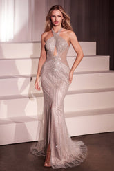 Ladivine CC427 fitted halter keyhole beaded gown - www.snkdress.com