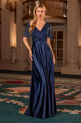 Ladivine CC447 beaded bodice V-neck A-line gown with flutter sleeves - www.snkdress.com