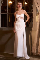 Fitted strapless sweetheart bridal gown with sheer bodice and romantic sash in Off White by Ladivine CD384W