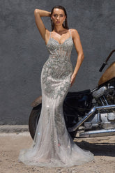 Beaded Spaghetti Strap Fitted Gown by Ladivine CR383 | SNKDRESS